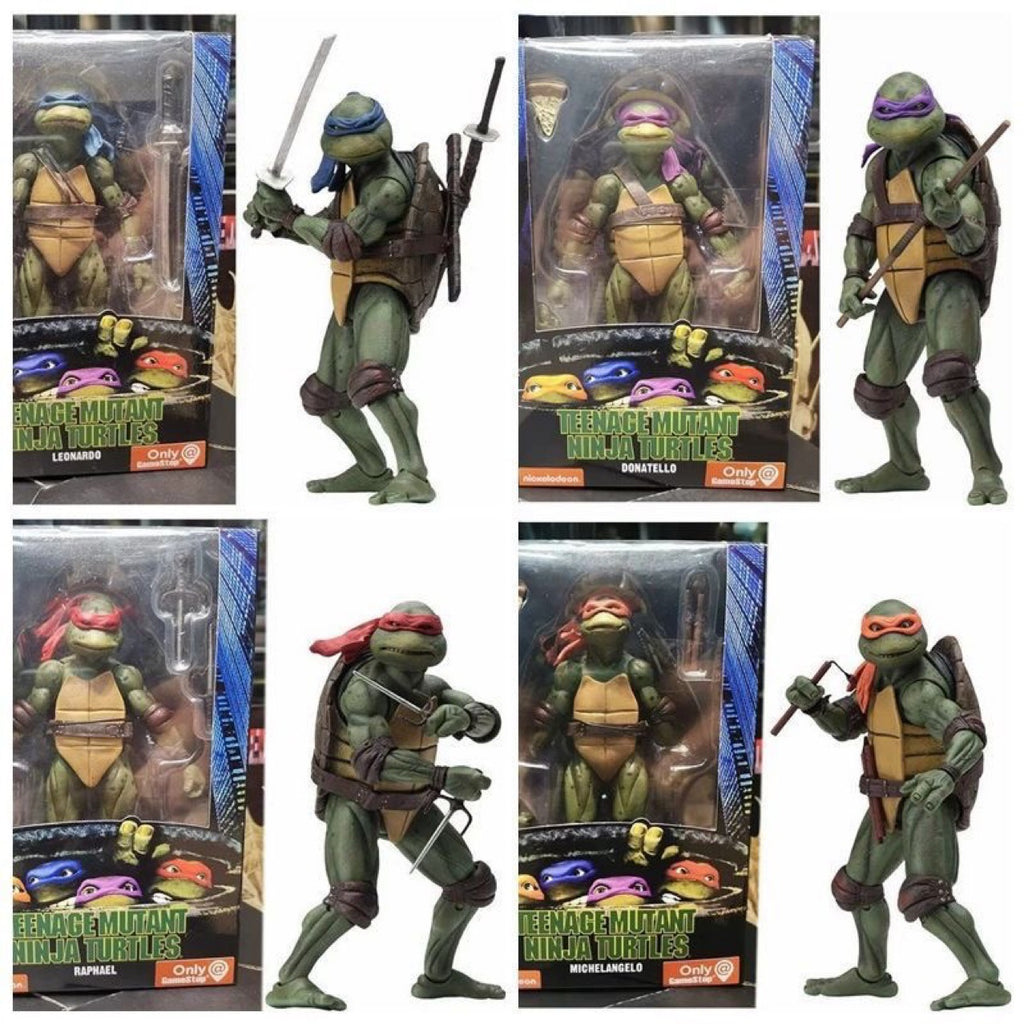 TMNT action figure set featuring Leonardo, Donatello, Raphael, and Michelangelo in collectible packaging.