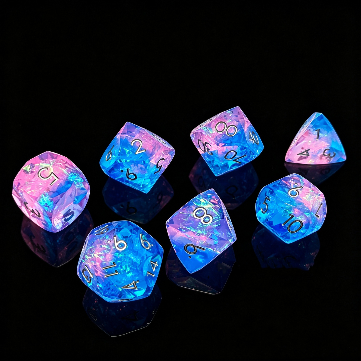 Gemstone dice set blue sandflow resin