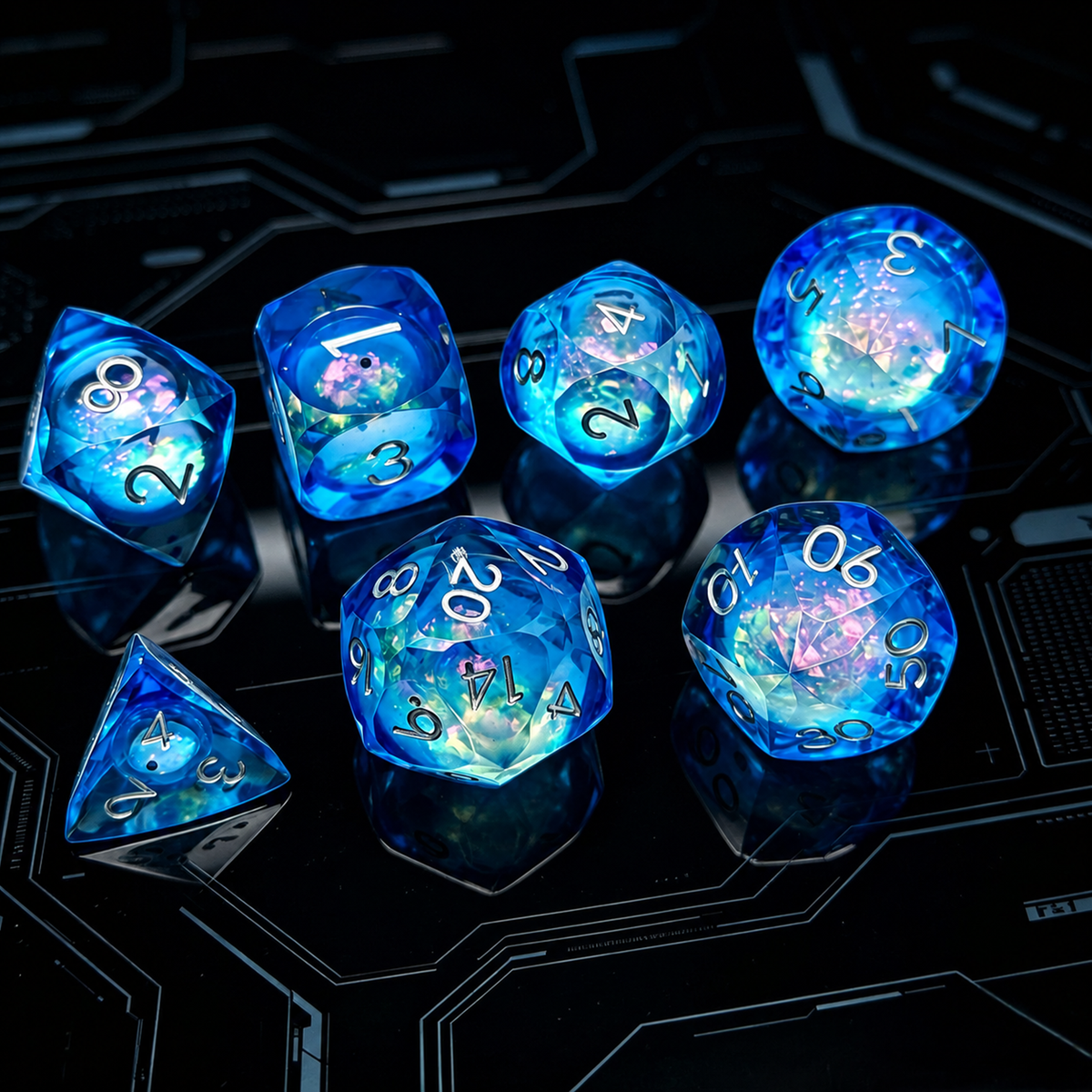 Gemstone dice set black and blue liquid resin