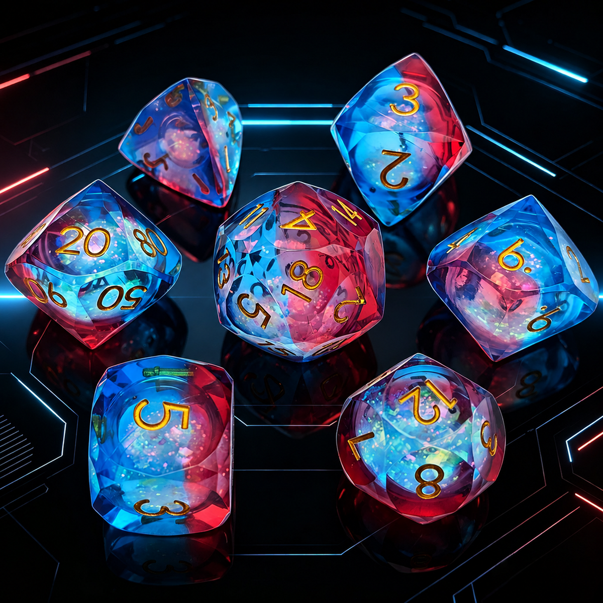 Gemstone dice set red and blue liquid resin