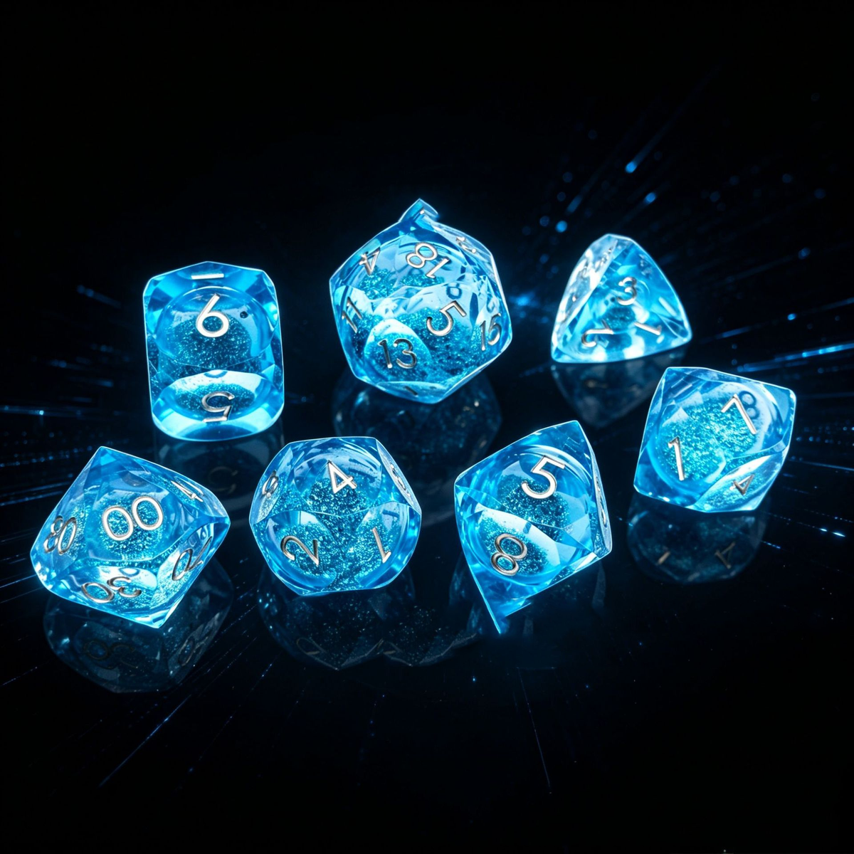 Gemstone dice set blue sandflow resin