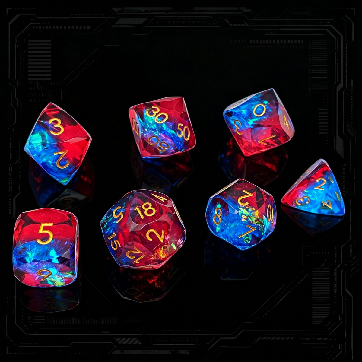 Gemstone dice set red and blue liquid resin