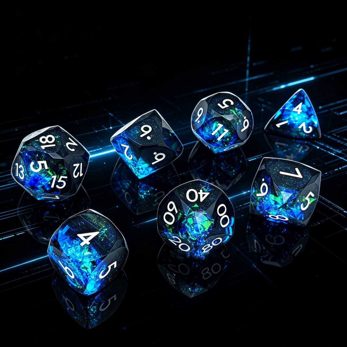Gemstone dice set black and blue liquid resin