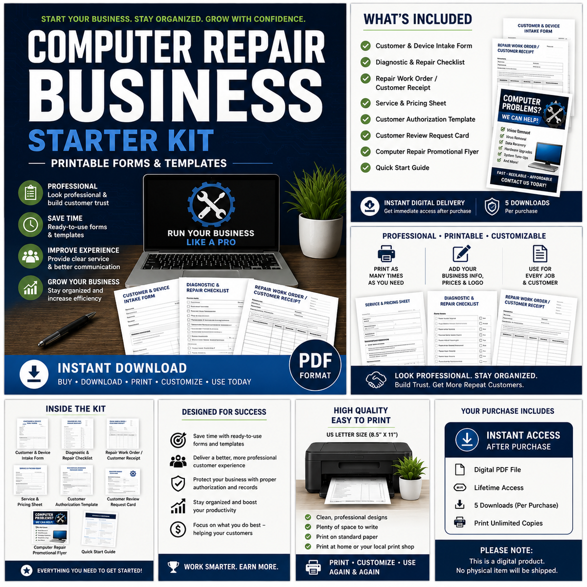 Computer Repair Business starter kit featuring printable forms and templates for organizing services and customer management.