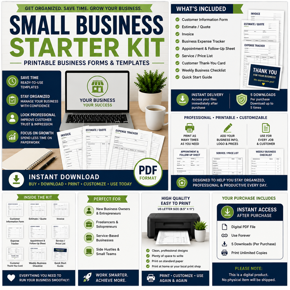 Small Business Starter Kit, printable business forms and templates for organization and productivity in small businesses.