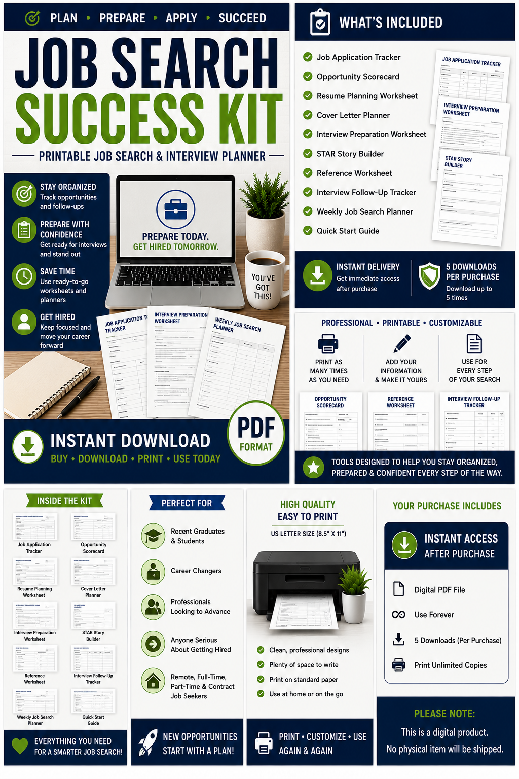 Job Search Planner | Printable Job Search Success Kit overview with tools for applications, interviews, and follow-ups.