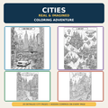 City coloring book with 20 detailed city designs, featuring real and imagined destinations like New York City and Sky City.