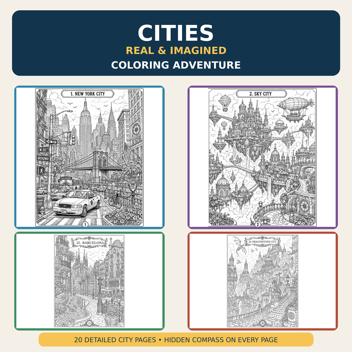 City coloring book with 20 detailed city designs, featuring real and imagined destinations like New York City and Sky City.