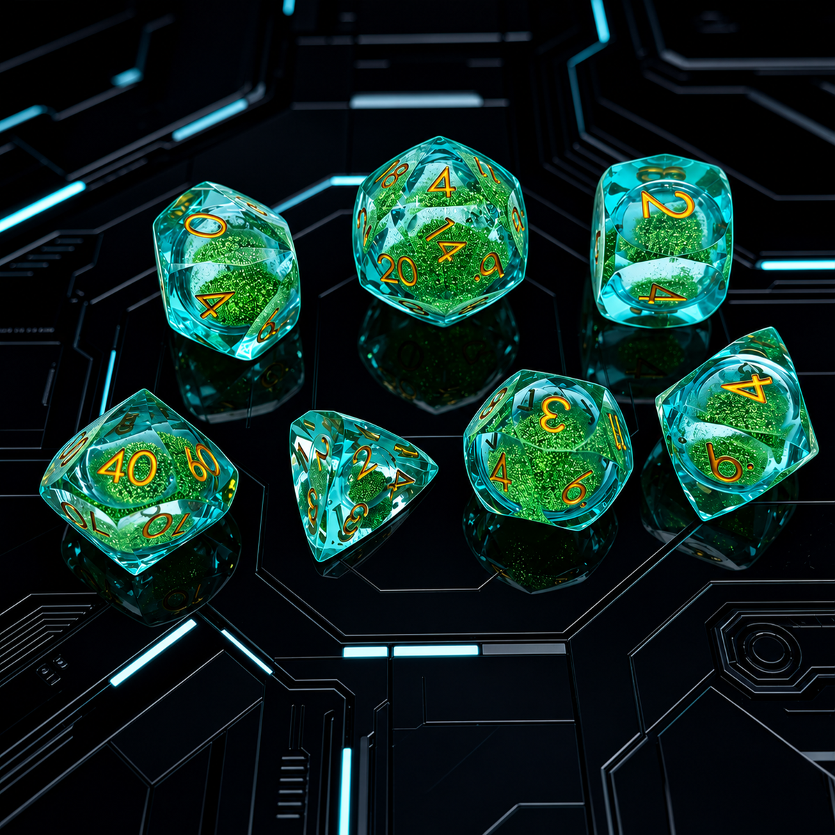 Gemstone dice set green sandflow resin