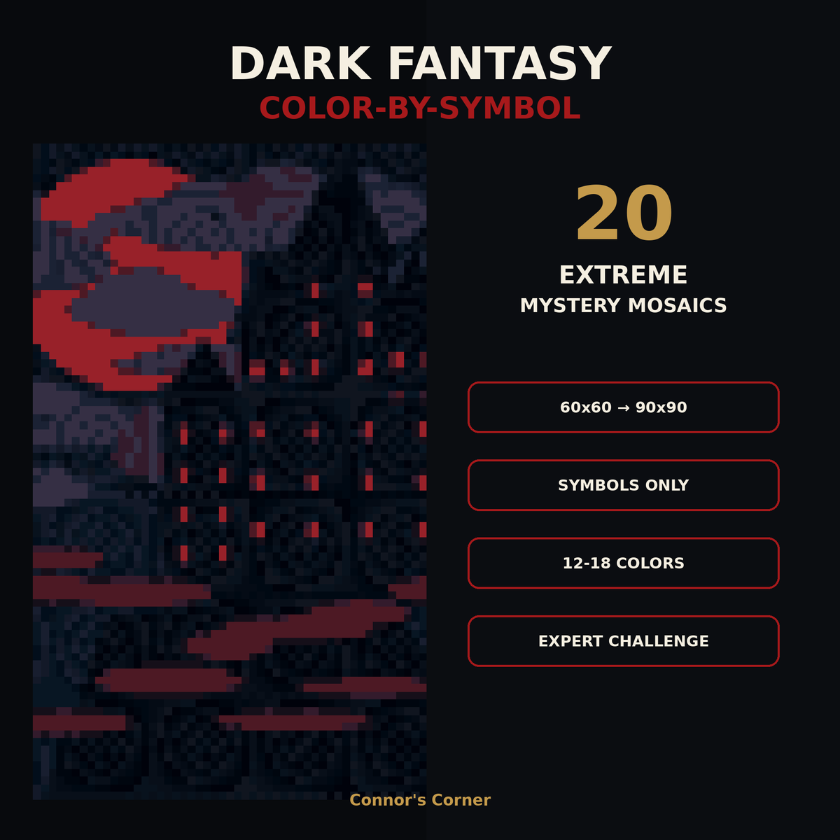 Dark Fantasy Puzzles featuring 20 extreme mystery mosaic designs, perfect for color-by-symbol activities.