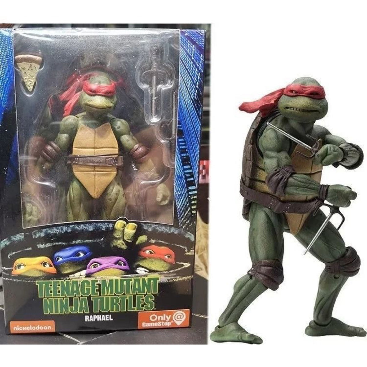 TMNT action figure of Raphael from the 1990 movie, featuring vibrant colors and collectible packaging.