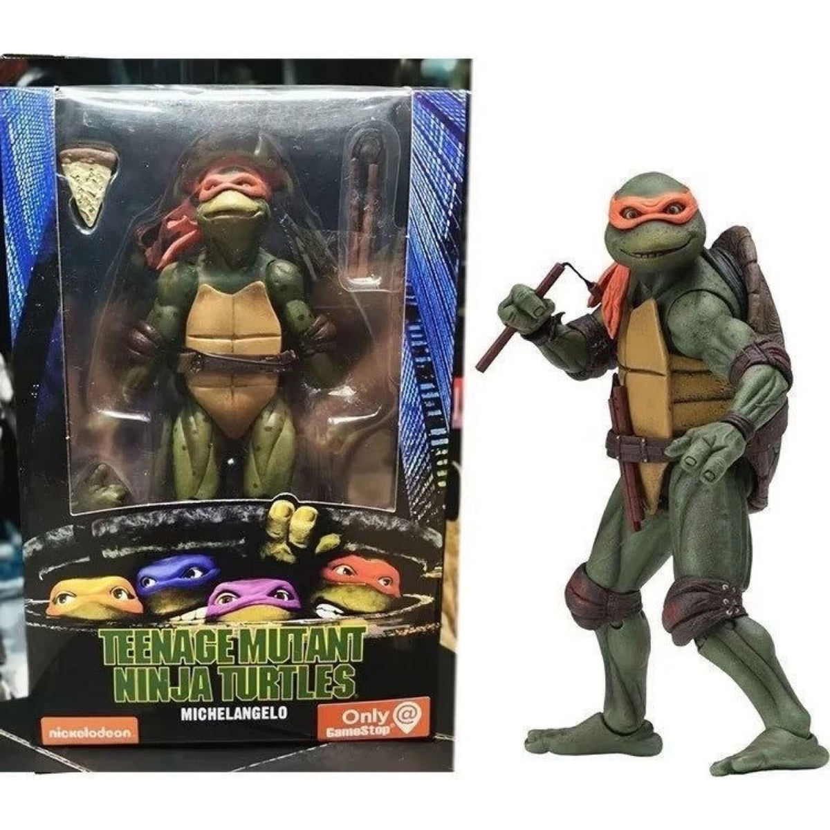 TMNT action figure of Michelangelo from the 1990 movie collectible, displayed next to its packaging.