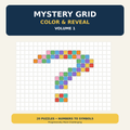 Mystery Mosaic Puzzles from Mystery Grid Color & Reveal Volume 1, featuring a colorful grid question mark image.