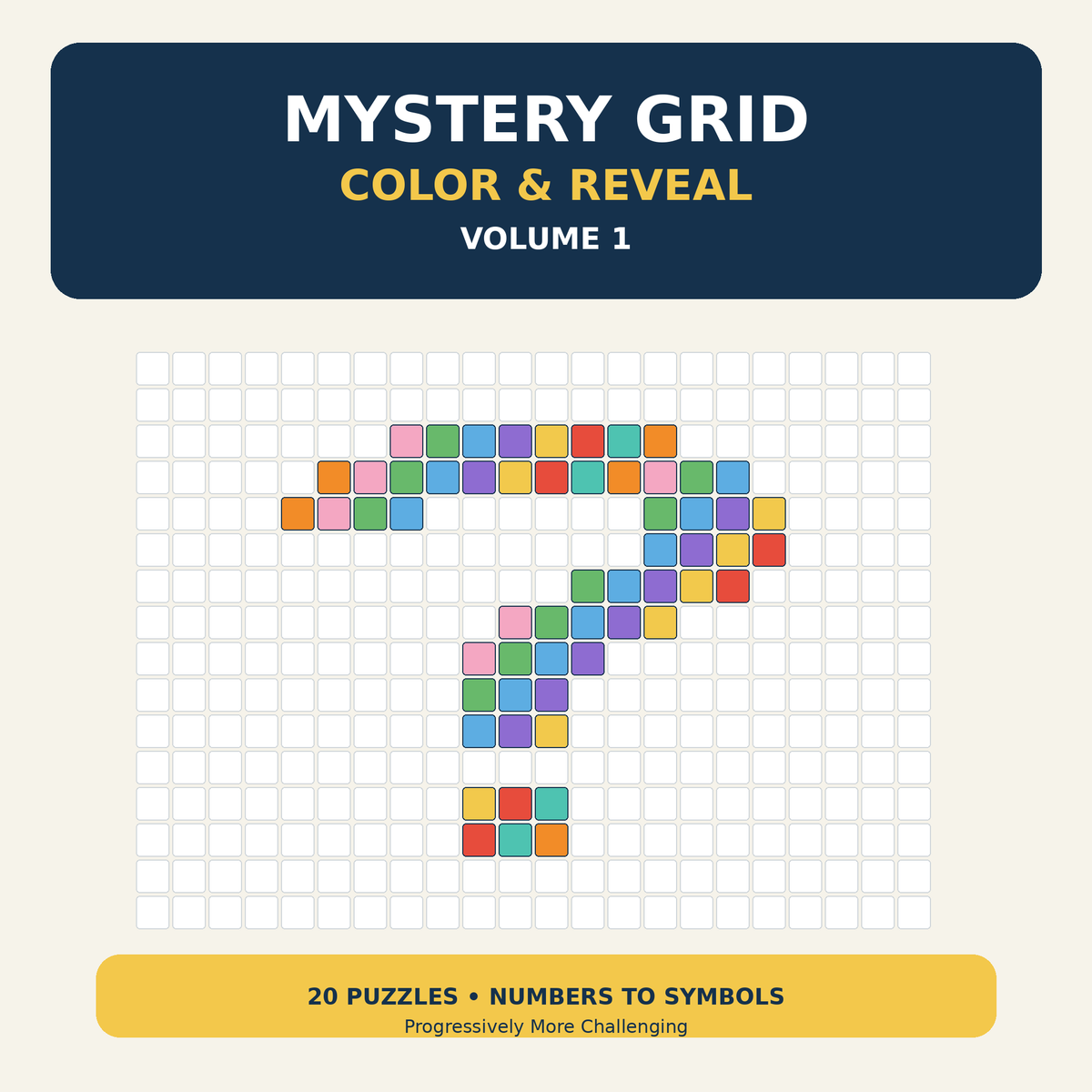Mystery Mosaic Puzzles from Mystery Grid Color & Reveal Volume 1, featuring a colorful grid question mark image.