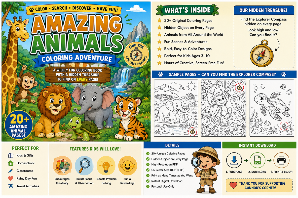 Kids coloring book featuring Amazing Animals, with fun adventures and hidden-object challenges on every page.